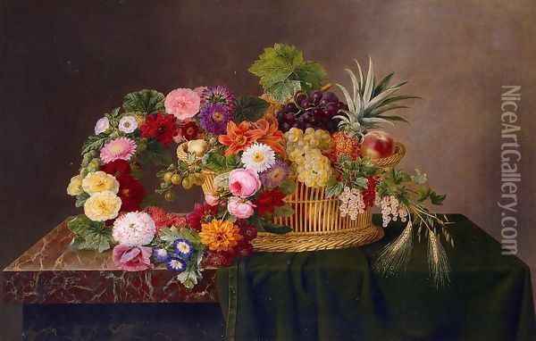 Still Life with a Basket of Fruit and a Wreath of Asters, Dahlias, Day Lillies and Morning Glories Oil Painting - Johan Laurentz Jensen