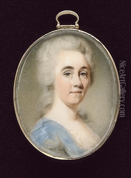A Lady, Wearing Pale Blue Dress With White Underslip, Her Hair Powdered Oil Painting - Joseph Daniel