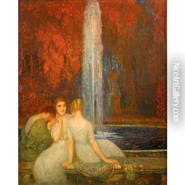 Three Women Before A Fountain Oil Painting - Michel Simonidy