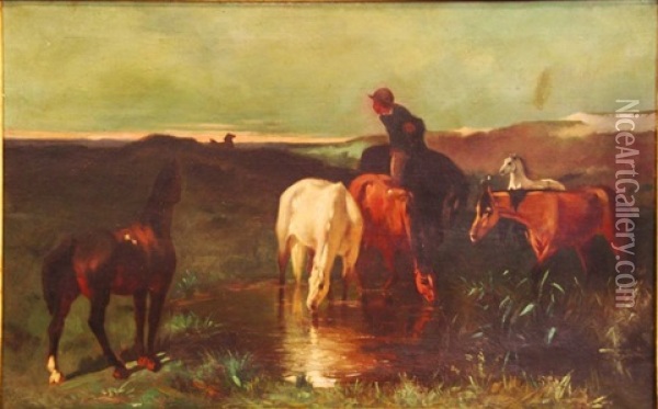 Chevaux S'abreuvant Oil Painting - Emile van Marcke de Lummen
