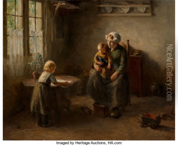 Sunlit Interior With Mother And Children Oil Painting - Lammert Van Der Tonge