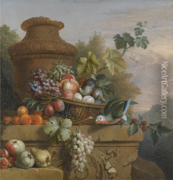 Still Life With A Basket Of Fruit, A Parrot And An Urn On A Carved Stone Ledge Oil Painting - Jakob Bogdani Eperjes C
