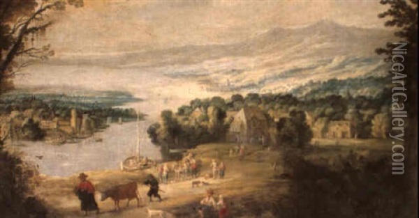 Extensive River Landscape With Figures On A Road And A View Of A Town Oil Painting - Joos de Momper the Younger