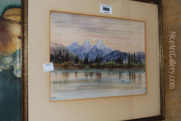 A Mountain Lake Scene With Distant Mountains Oil Painting - J. Baber