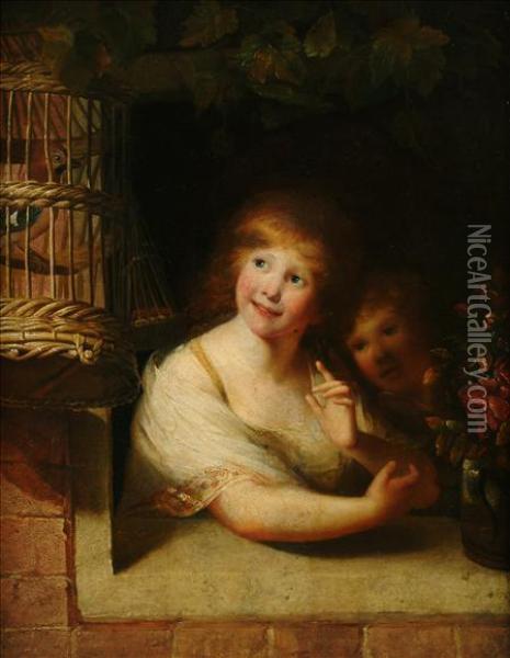Ra Twochildren With A Jay In A Cage Oil Painting - Matthew William Peters