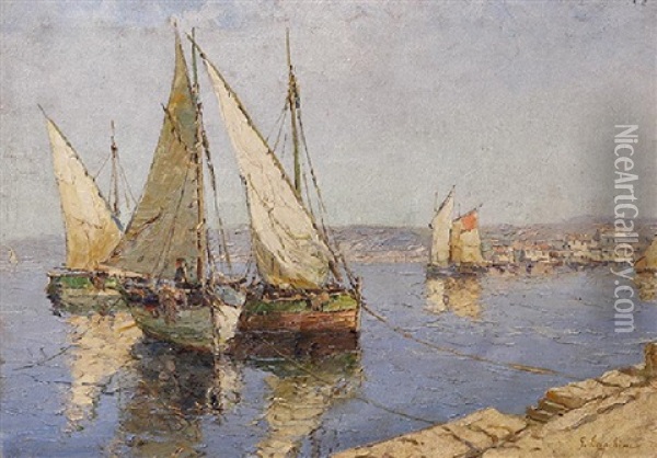 Harbor Scene With Fishing Boats Oil Painting - Georgi Alexandrovich Lapchine