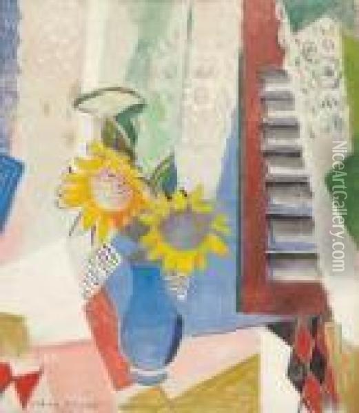 Sonnenblumen (mit Fensterladen) Oil Painting - Oskar Moll
