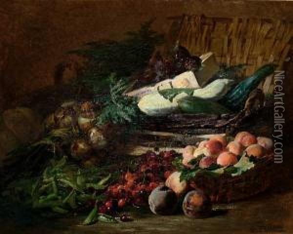 The Abundance Of The Fruit And Vegetable Market - A Still Life With Cheries, Peaches And Marrows. Oil Painting - Gabriel Edouard Thurner