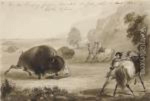 Hunters Escaping From A Wounded Buffalo, While He Tears Their Clothes To Pieces Oil Painting - Alfred Jacob Miller