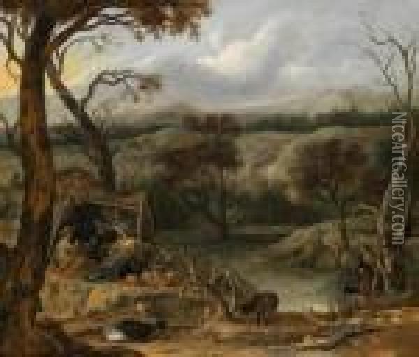 Hugellandschaft Mit Musizierenden Hirten Voreiner Hutte Oil Painting - Rembrandt Van Rijn
