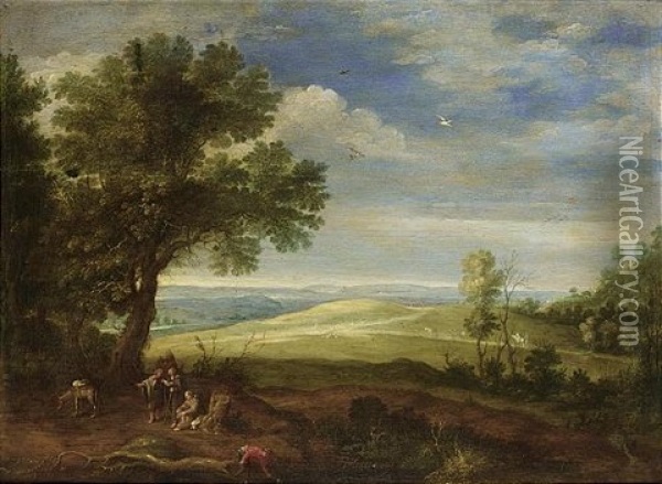 An Extensive Wooded Landscape With Monks Resting With A Donkey Near Trees Oil Painting - Paul Bril