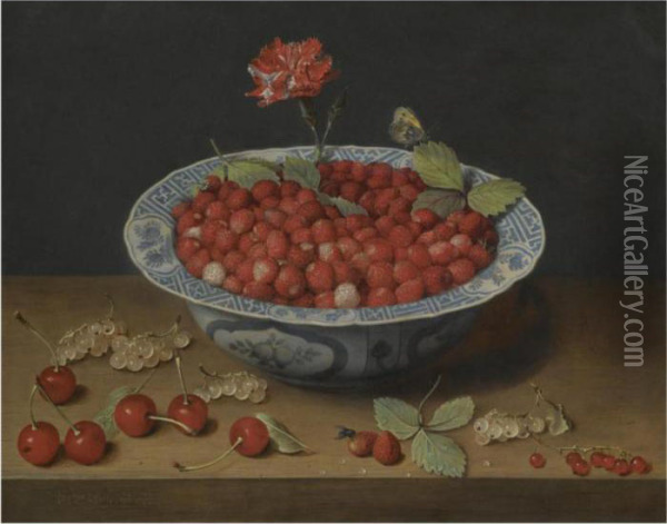 A Still Life Of Wild 
Strawberries And A Carnation In A Ming Bowl, With Cherries And 
Redcurrants On A Wooden Ledge Oil Painting - Jacob van Hulsdonck