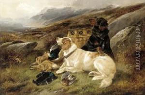 An English And A Gordon Setter With The Day's Bag On A Moor Oil Painting - John Gifford