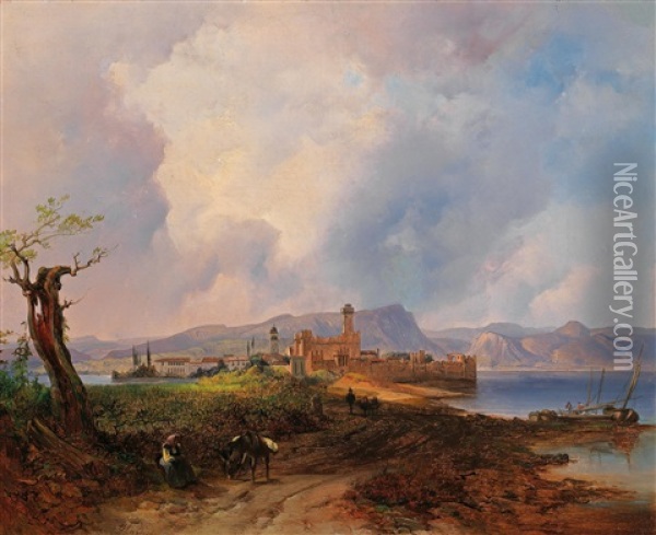 Ansicht Des Castell Sermio, Auf Der Insel Sermione Am Gardasee Oil Painting - Anton Hansch