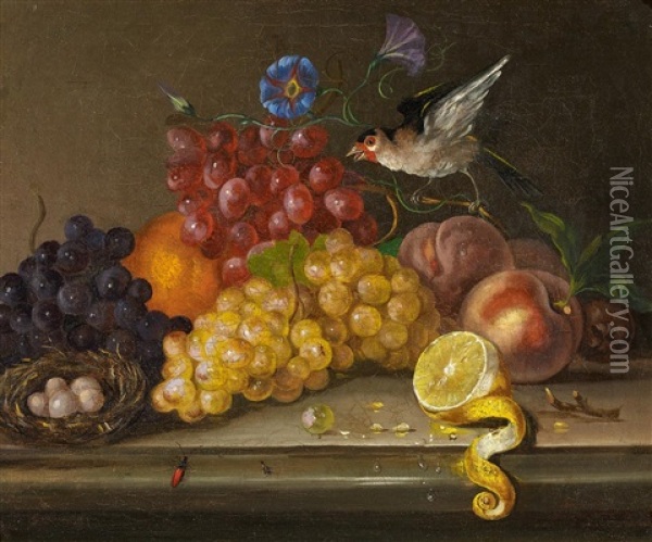 Fruchtestillleben Mit Vogel Oil Painting - Johann Nepomuk Mayrhofer