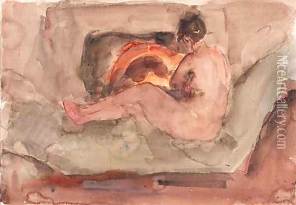 A reclining nude in front of a fire-place Oil Painting - Isaac Israels