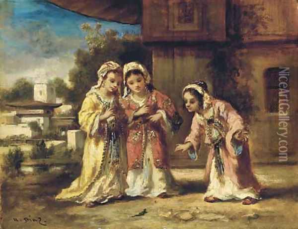 Trois Fillettes observant un lezard dans un ville turque Oil Painting - Narcisse-Virgile Diaz de la Pena