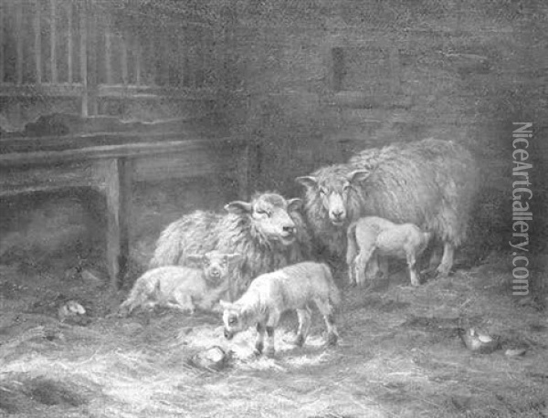 Sheep And Lambs In A Stable Oil Painting - Wright Barker