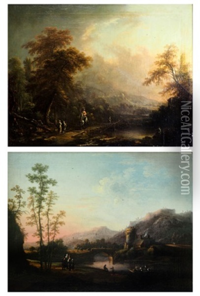 Flusslandscahft Mit Figuren Und Gebauden
Landschaft Mit Ritter, Fischer Und Reisenden Oil Painting - Johann Alexander Thiele