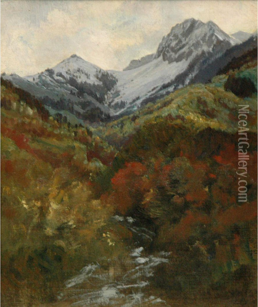 A Mountainous Landscape Oil Painting - Leon Rodolphe Berthoud