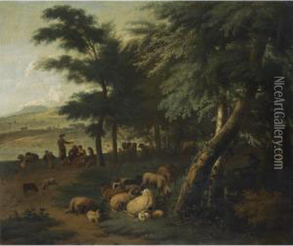 Shepherds Resting With Their Flock At The Edge Of A Wood Oil Painting - Jan Vermeer Van Delft