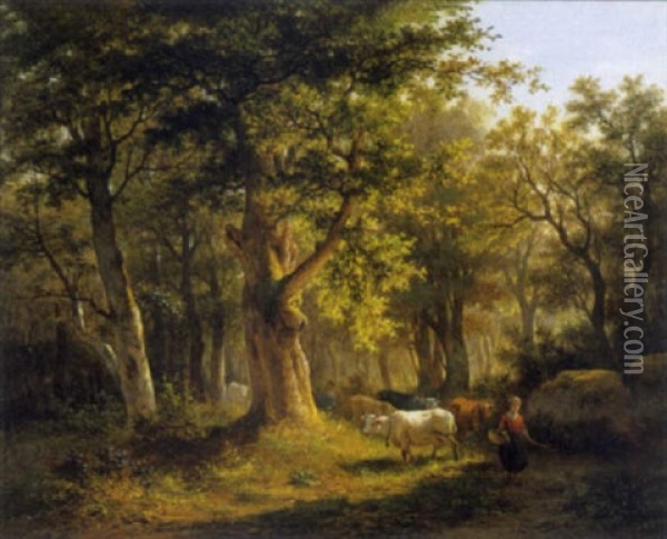 Koeienhoedster In Het Bos Oil Painting - Lodewyck de Martelaere