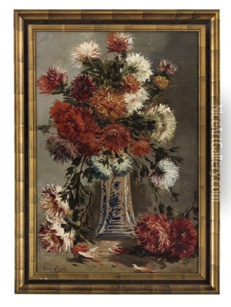 Still Life Of Chrysanthemums In A Blue And White Vase Oil Painting - Henry Schouten