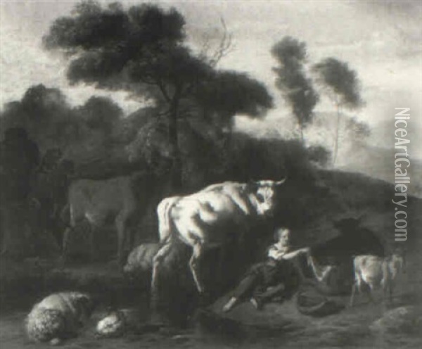 Wooded Landscape With A Peasant Girl, Cattle, Sheep And Goats At A Pool Oil Painting - Dirk van Bergen