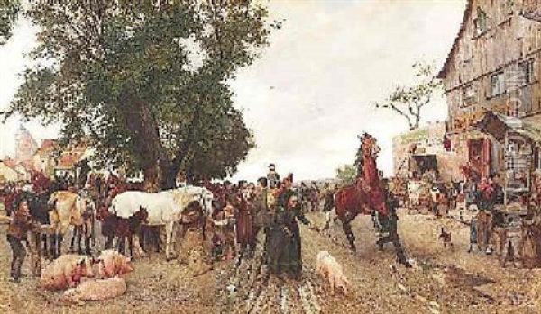 Pferdemarkt Vor Den Toren Einer Brandenburgischen Kleinstadt Oil Painting - Franz Gustav Hochmann