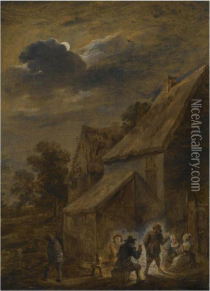 A Nightscene With Peasants Making Merry Outside An Inn Oil Painting - David The Younger Teniers
