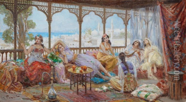 Harem Girls Resting On A Terrace, The Coast Beyond Oil Painting - Fabio Fabbi