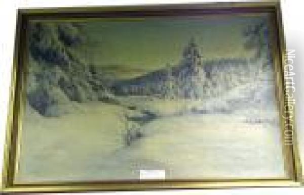 Vinterlandskap. Oil Painting - Leonard Wiedh