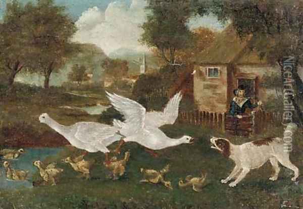 A commotion in the farmyard Oil Painting - English Provincial School