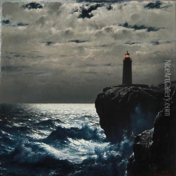 Rocky Coast With A Lighthouse That Lights In The Moonlight Oil Painting - Carl Johan Neumann