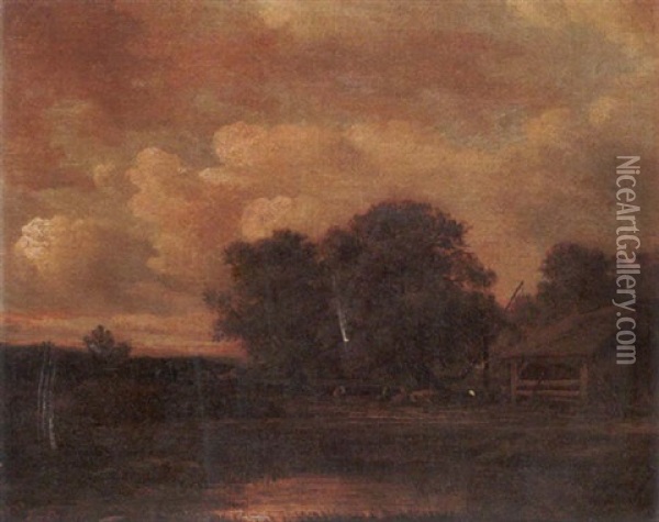 Cattle Near A Barn In A Landscape Oil Painting - Jules Dupre