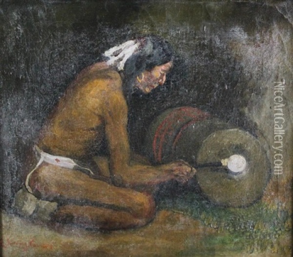 Indian And Drum Oil Painting - Eanger Irving Couse