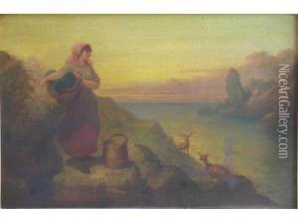 Scottish Landscape With Ladycarrying Basket On Craggy Path Beside Loch Oil Painting - E.A. Walker