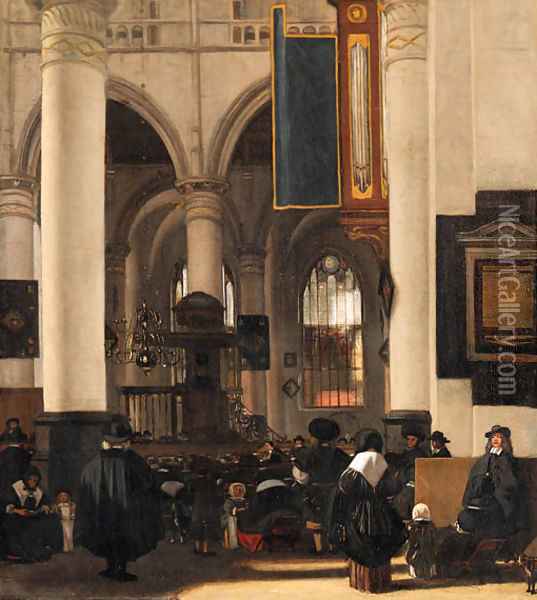 The interior of a church with a congregation listening to a sermon Oil Painting - Emanuel de Witte