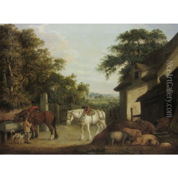 Horses And Pigs In A Farmyard Oil Painting - Benjamin Zobel