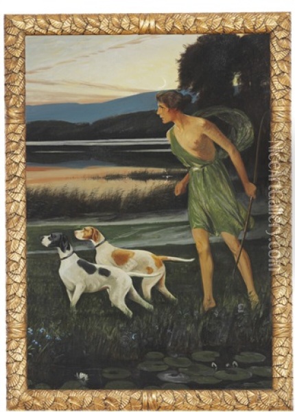 The Hunting Goddess Diana With Two Dogs Oil Painting - Harald Slott-Moller