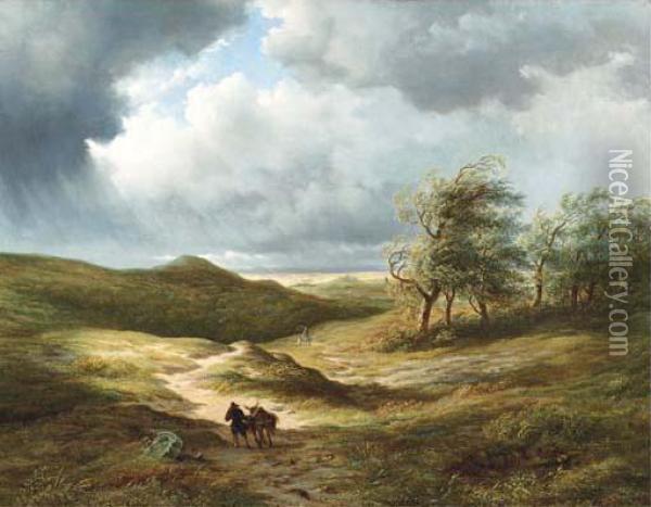After The Storm: Travellers On A Path In An Extensive Undulatinglandscape Oil Painting - Hendrik D. Kruseman Van Elten
