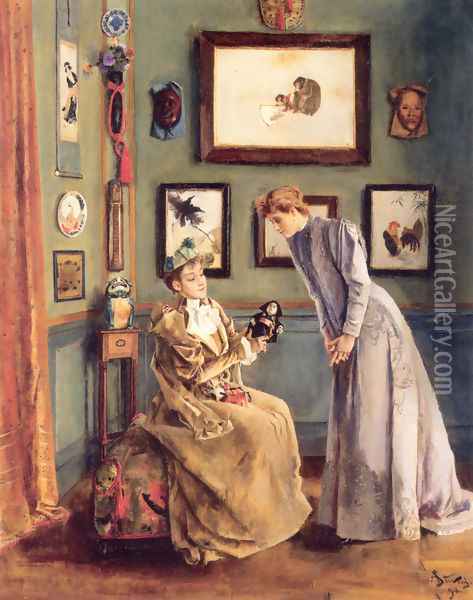 Femme à la poupee japonaise (Lady with a Japanese Doll) Oil Painting - Alfred Stevens