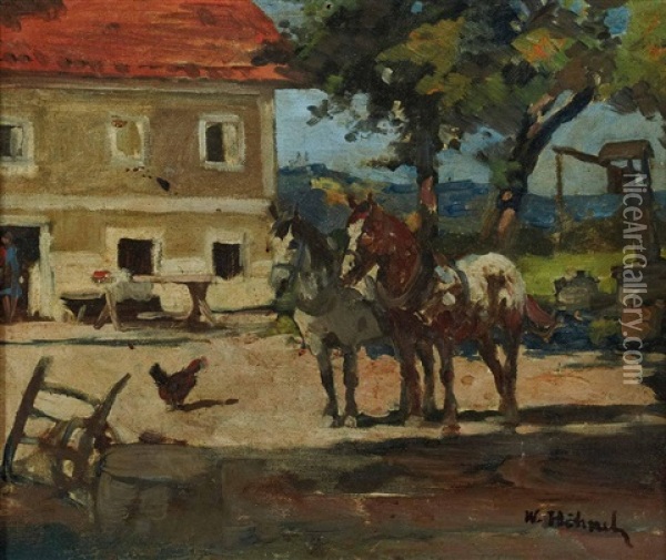 Bauernhof Mit Pferden Oil Painting - Wilhelm Hohnel