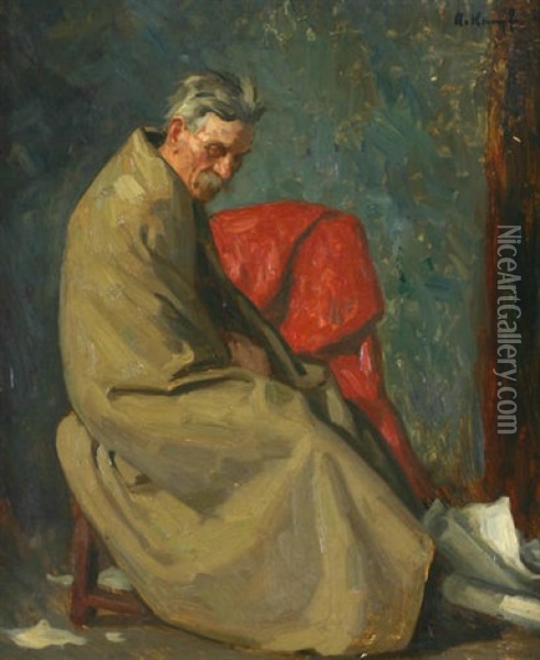 Auf Einem Stuhl Sitzender, Erschopft Zur Erde Blickender, In Eine Decke Gehullter Mann Oil Painting - Arthur Kampf