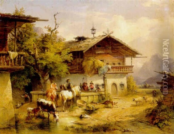 Landscape With Figures And Horses Oil Painting - Friedrich Gauermann