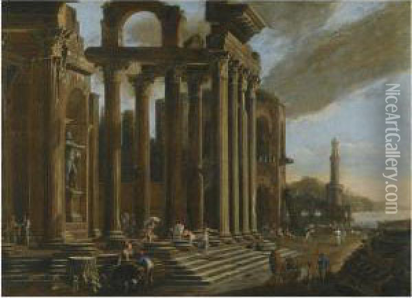 An Architectural Capriccio With Figures Amongst Classical Ruins Oil Painting - Viviano Codazzi