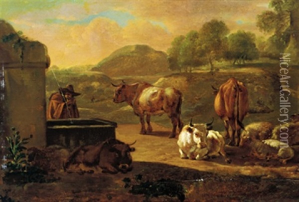 Ein Hirte Am Brunnen Mit Seiner Herde In Einer Sudlichen Landschaft Oil Painting - Willem Romeyn