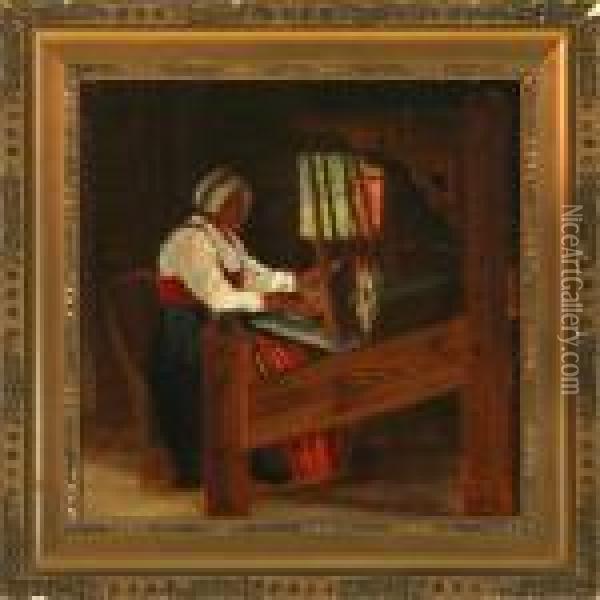 Norwegian Woman Weaving Oil Painting - Agnes Slott-Mrller