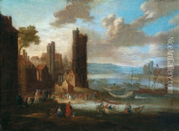 Stadt An Einem Fluss Mit Vielen Booten Und Figuren Oil Painting - Pieter Casteels the Younger