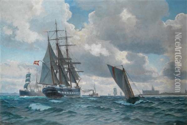 Shipping Off The Kronborg, Denmark Oil Painting - Christian Blache